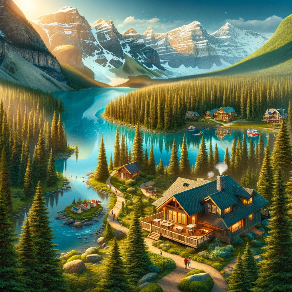 This image brings Banff National Park to life, highlighting cabins, lakes, and trails for hiking enthusiasts.