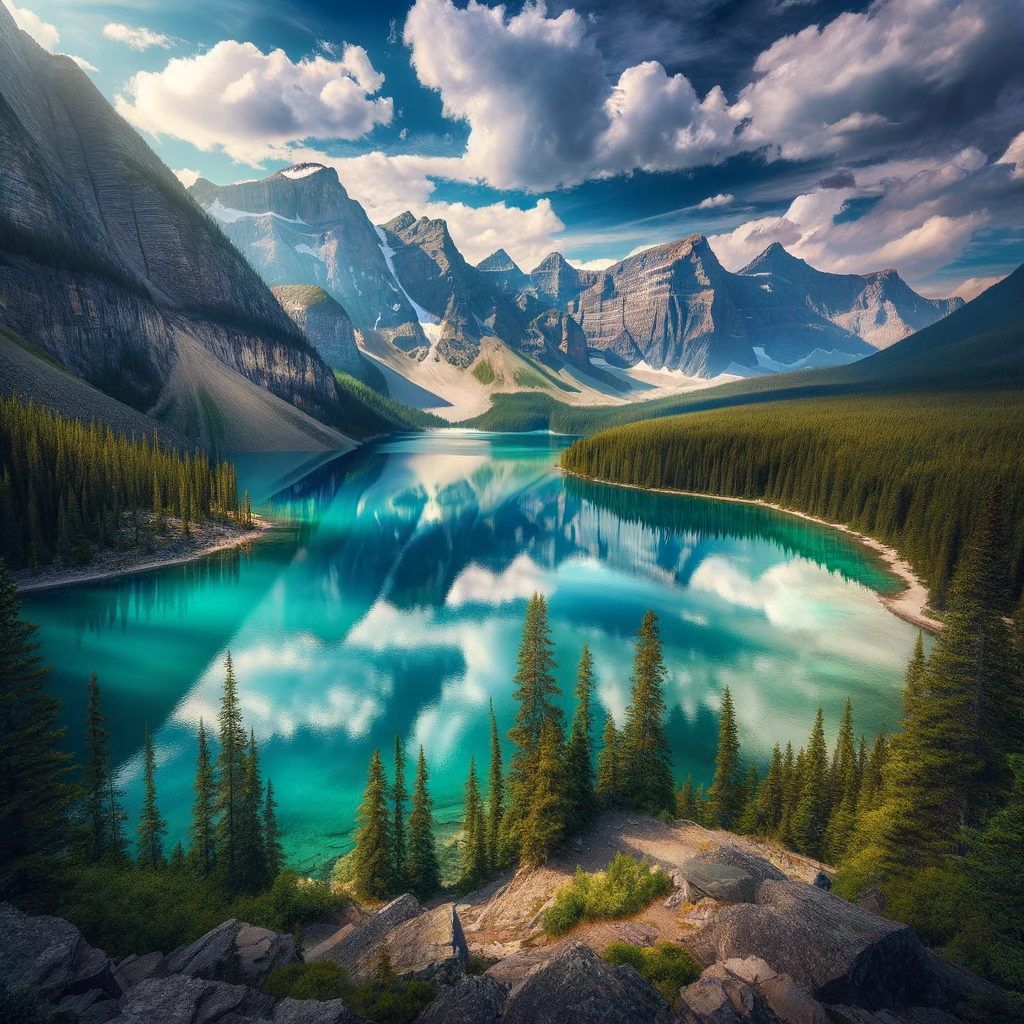 Banff National Park reveals its pristine lake, surrounded by lush forests and majestic mountains, showcasing natural beauty.