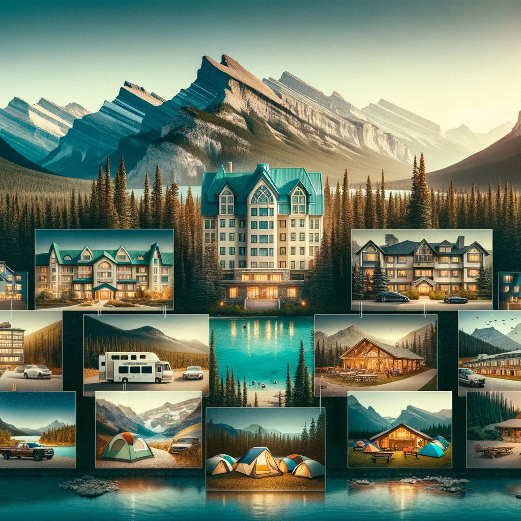 Banff National Park accommodations range from luxury hotels to campsites, showcased with mountains and lakes in the backdrop.