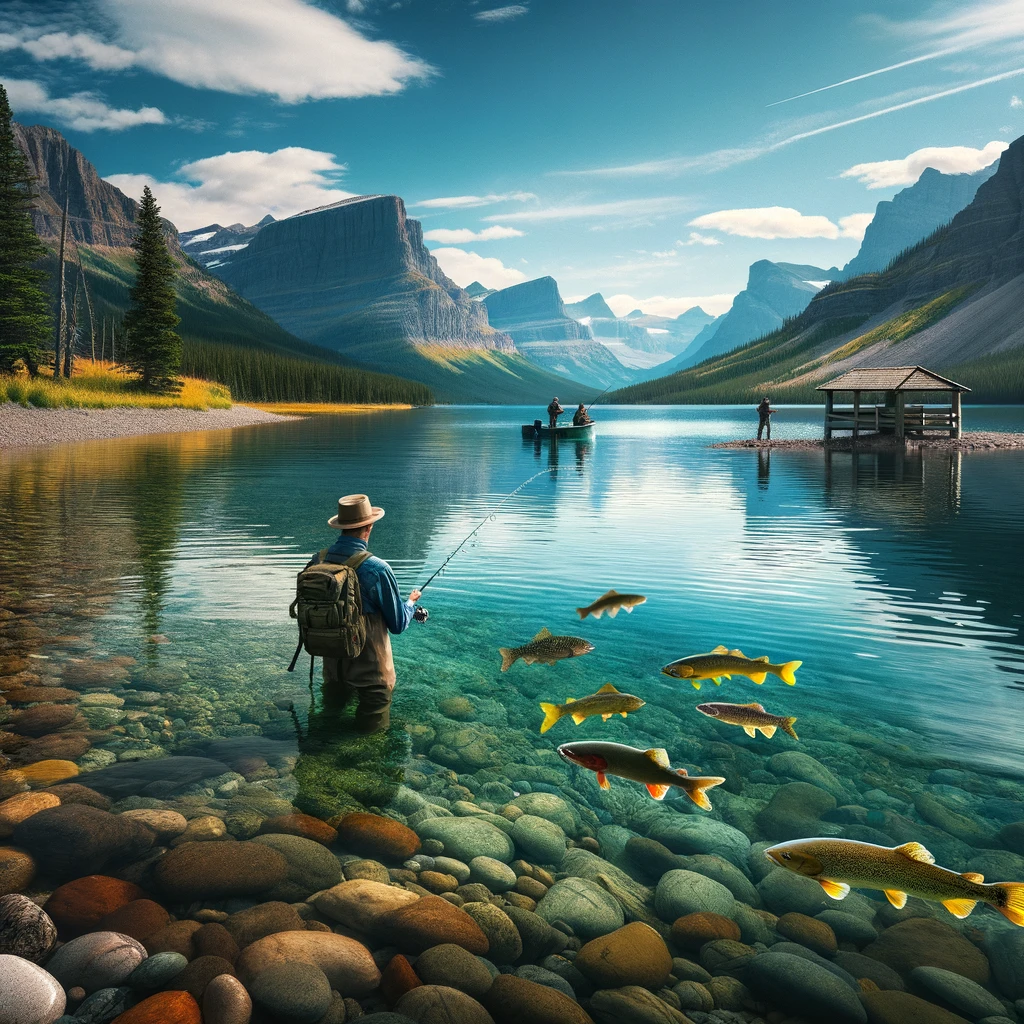 Waterton Lakes National Park Alberta showcases anglers in paradise with mountain views and clear, fish-filled waters.