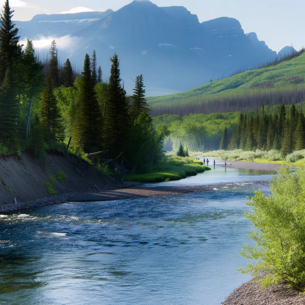 Waterton River fishing reveals top spots in a serene, lush landscape with anglers by the water.