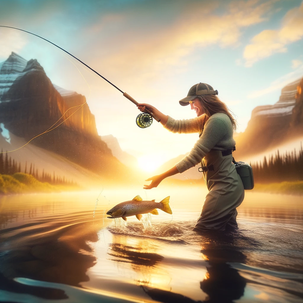 Waterton River Fishing embodies sustainable practices, as an angler releases a fish into the serene waters at sunrise.