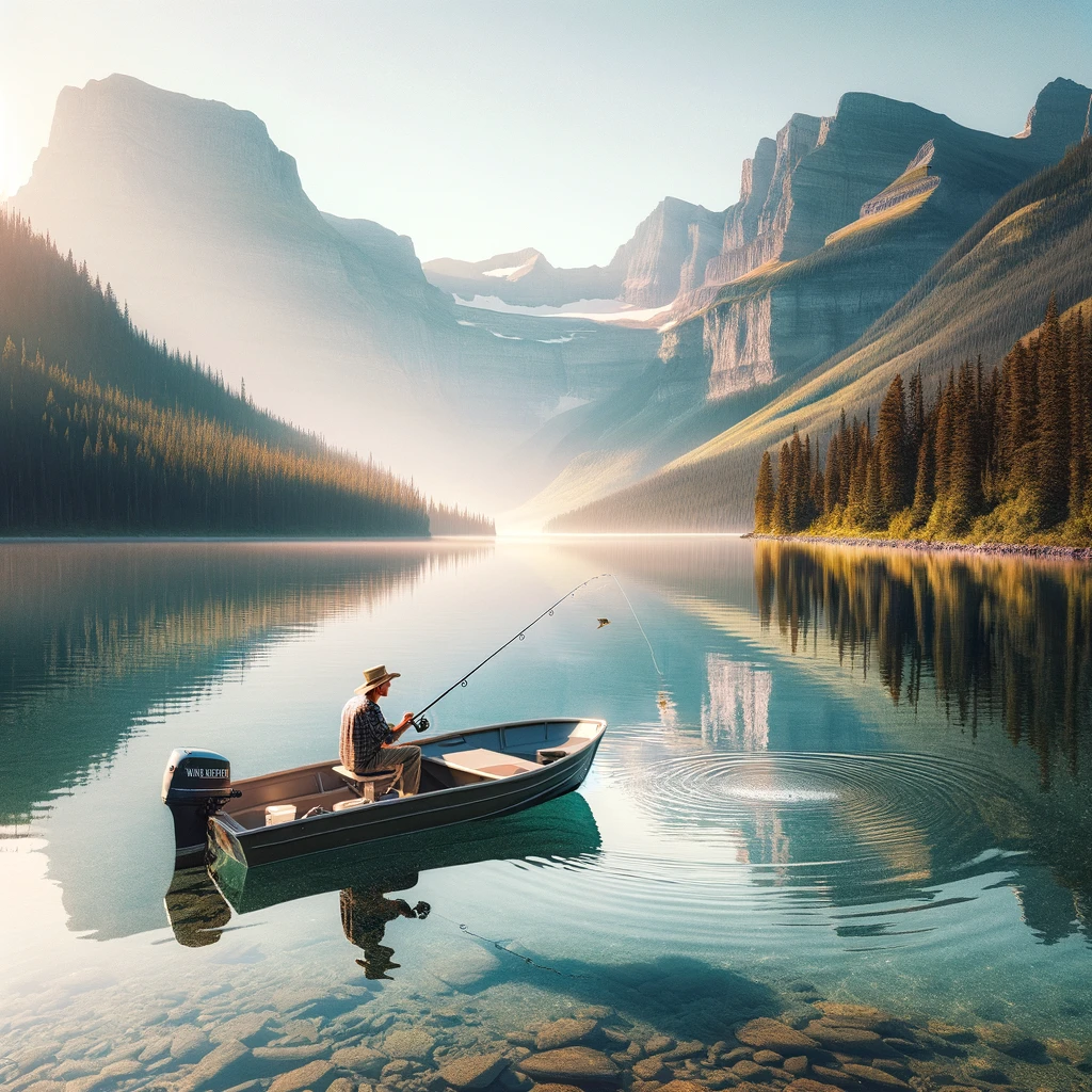 Angler in a boat fishing on serene Cameron Lake in the early morning.