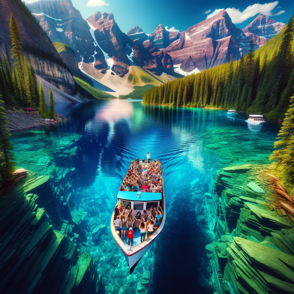 Tourists on a guided boat tour of Cameron Lake Waterton Park with clear, deep waters.