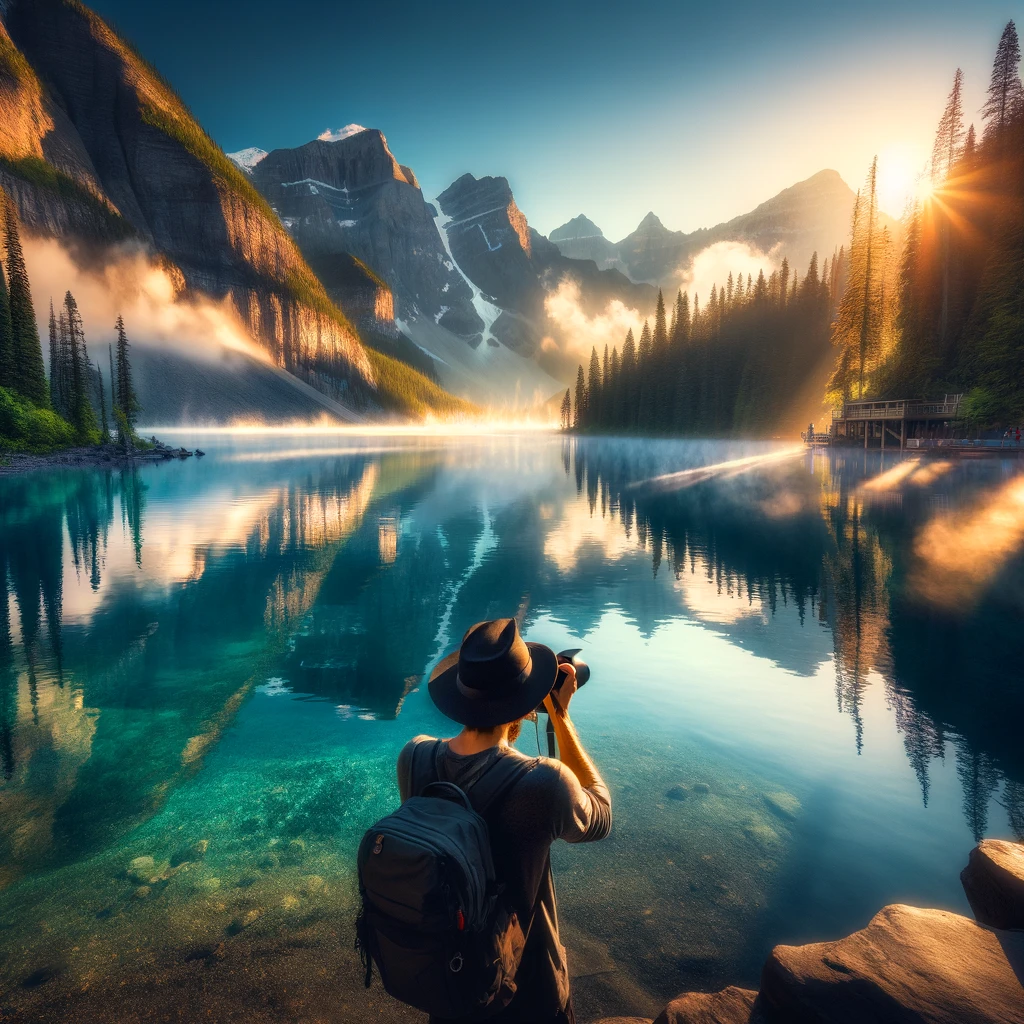 The photographer captures early morning light reflecting on Cameron Lake's crystal-clear waters.