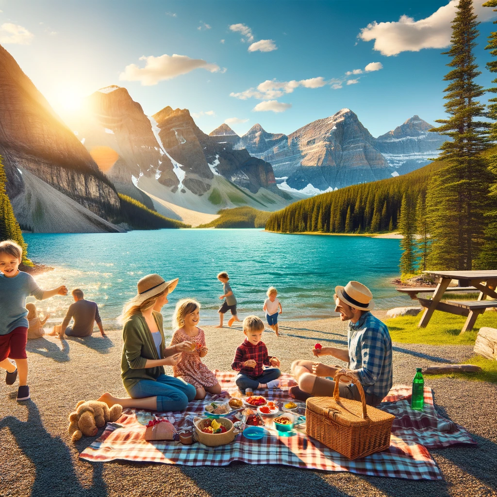 A family enjoys a picnic by Cameron Lake, Waterton Park, with the Rocky Mountains in the background.