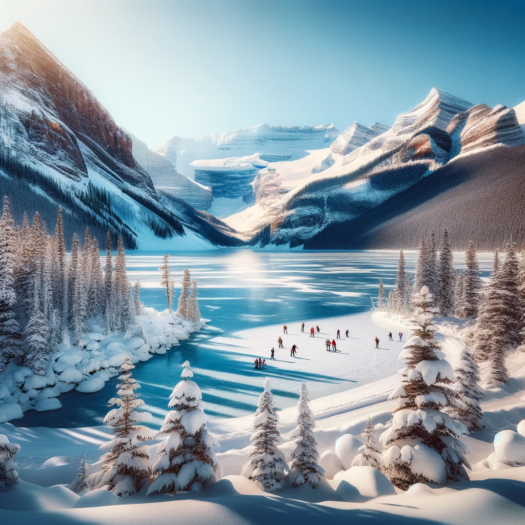 Frozen Cameron Lake and snowy Rocky Mountains in breathtaking winter scene.