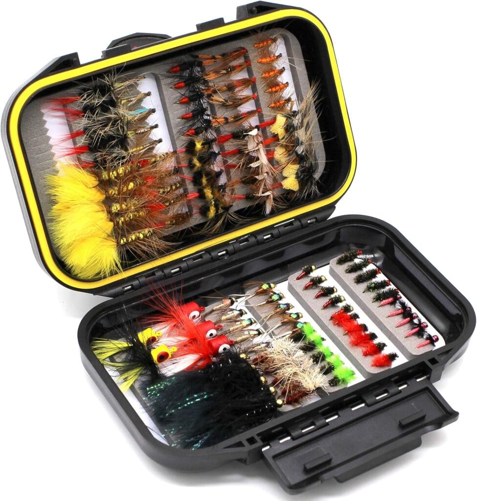 Assorted fly fishing kit with dry, wet, and various types in a box. Purchase now for successful fishing trips.