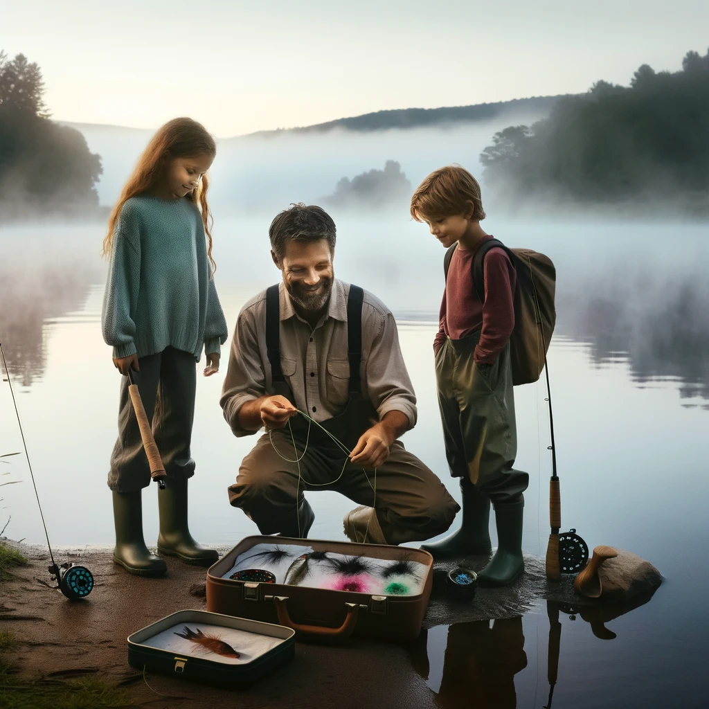 Wet fly vs dry fly: A serene lake scene at dawn, misty, with a father and two children.