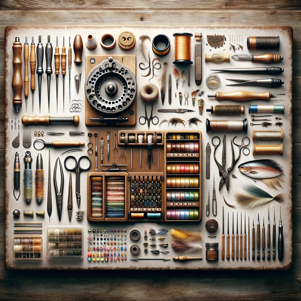 Fly tying for beginners kit with tools and materials on a rustic wooden table, ready for crafting.