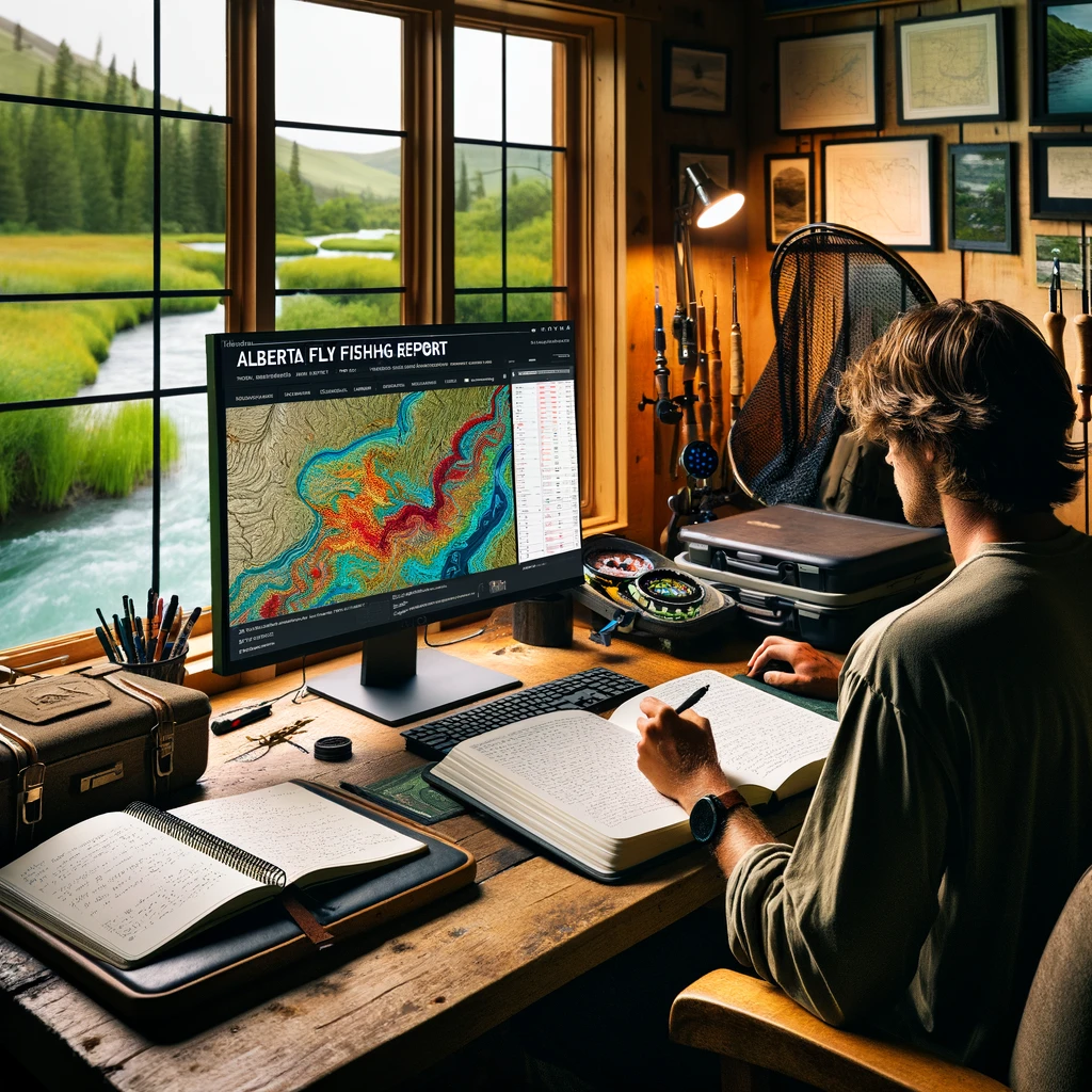 A person studies the Alberta fly fishing report on a computer at a desk with outdoor gear.