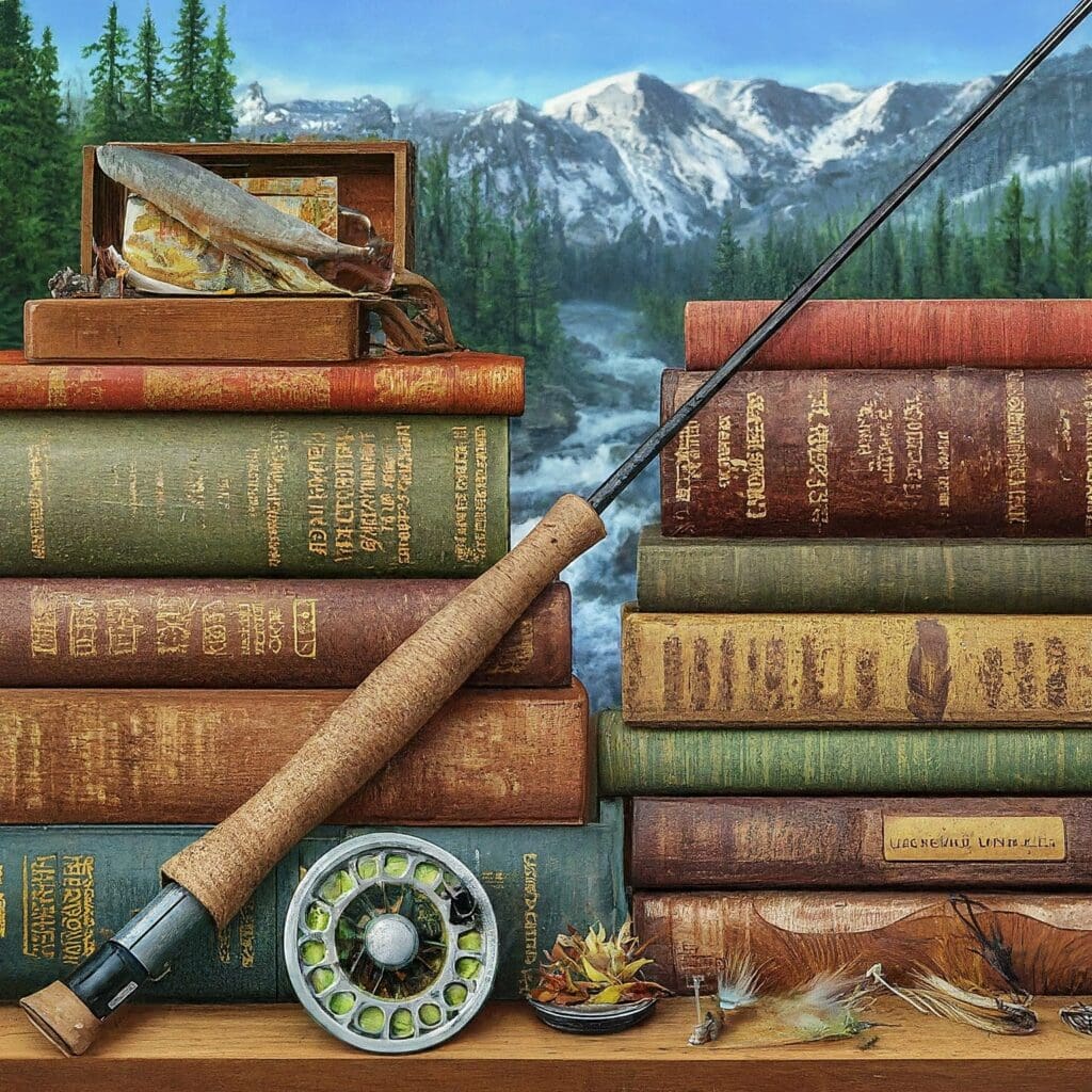 A collection of the ultimate fly fishing guides, covering everything from the best fly tying techniques to every other skill a fly fisher needs, all placed on a wooden table. Shop Now.