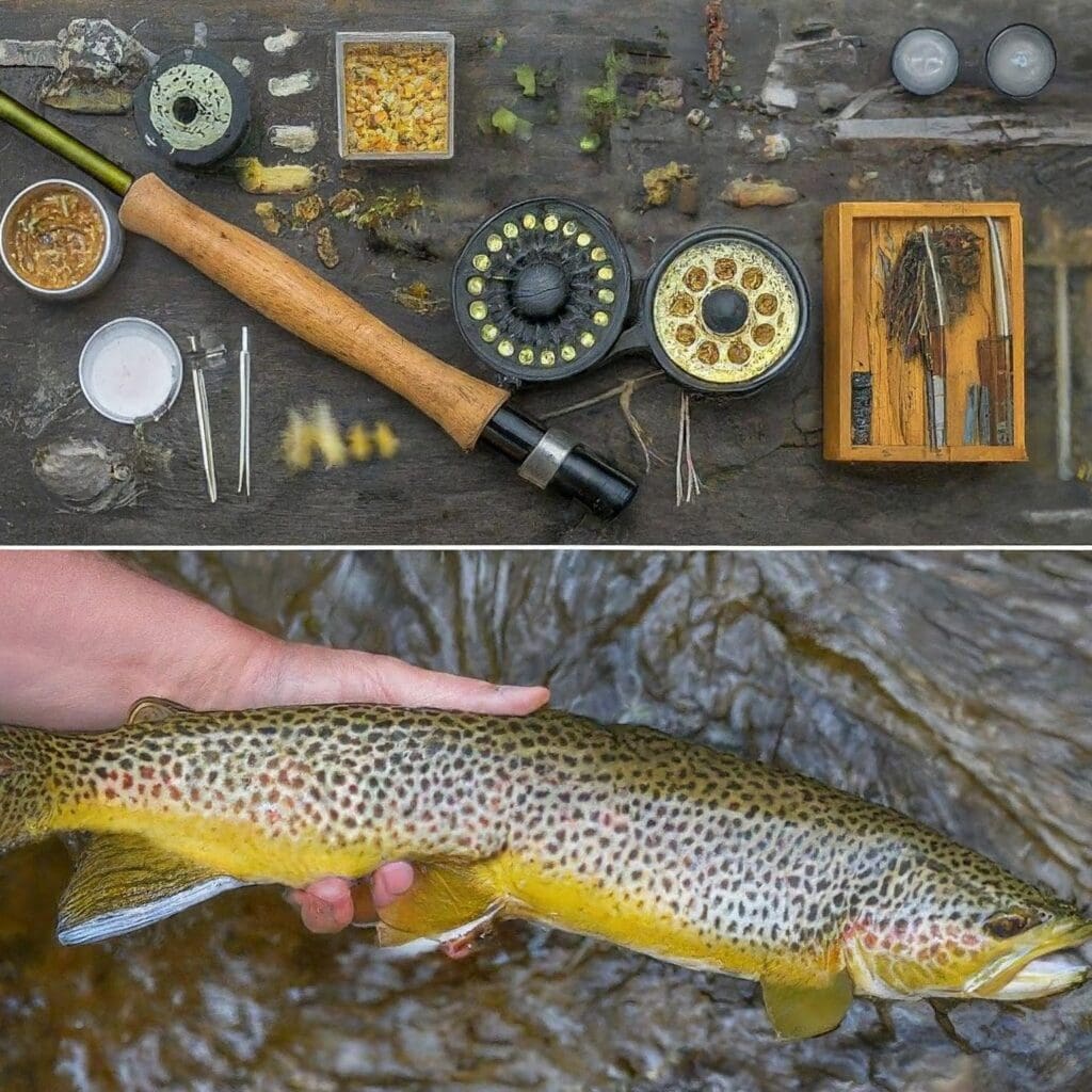 Tying Streamer Flies: Angler holds brown trout; organized tying station with materials tools visible.