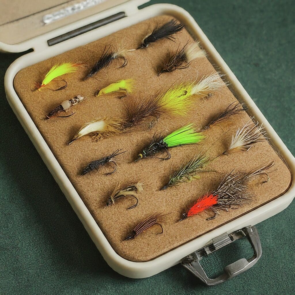 Artificial fly assortment showcases diverse types and various colours in fly fisher's case.