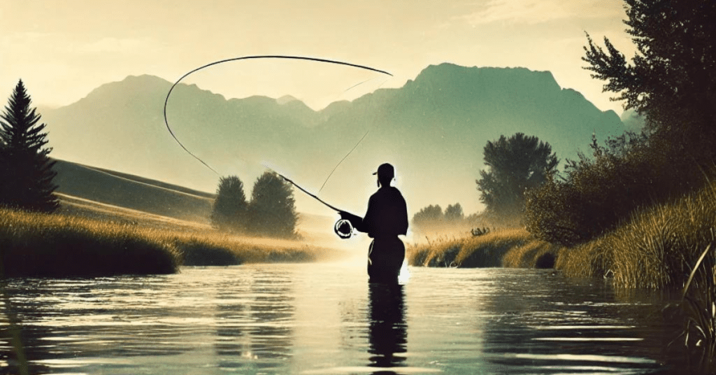 Fly fisher casting as the fly drifts smoothly with the river current during sunset.