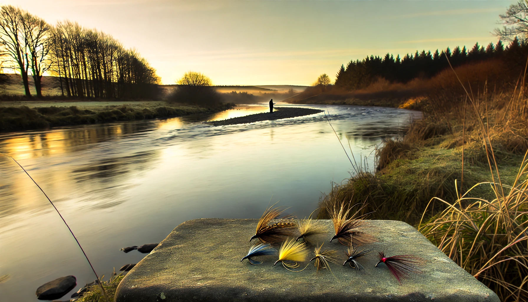 Sunrise river scene with fly fishing and intricate fly patterns on the riverbank.