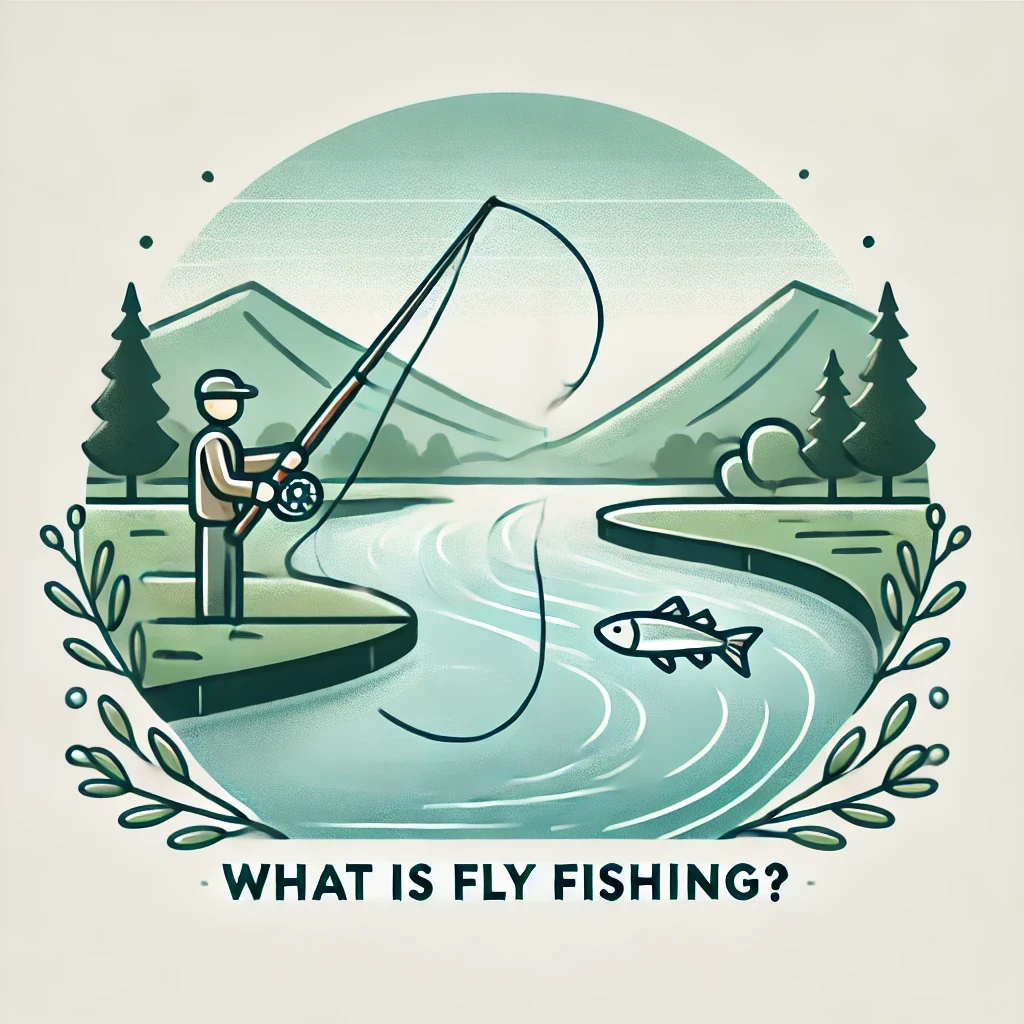 Fly fishing rod casting into a calm river, showcasing peaceful fly fishing basics.