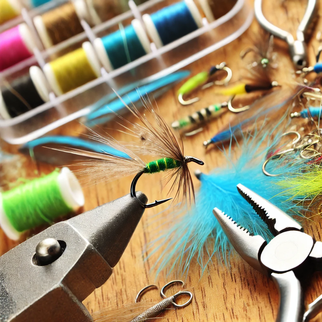 What is fly tying? A close-up of tools and materials used for crafting fishing flies.