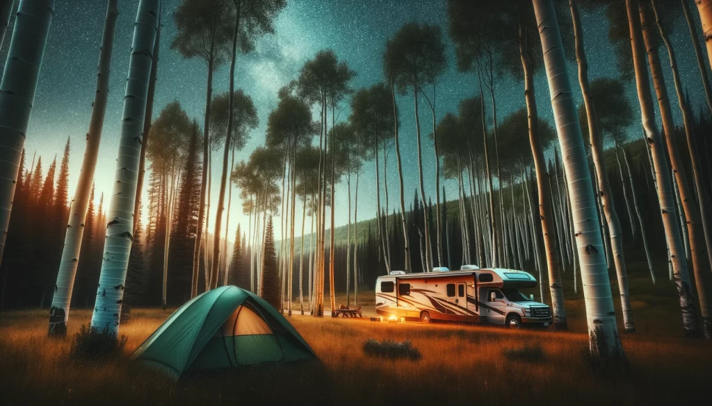 Elk Island Park Camping under starry skies with a tent and RV amidst aspens.