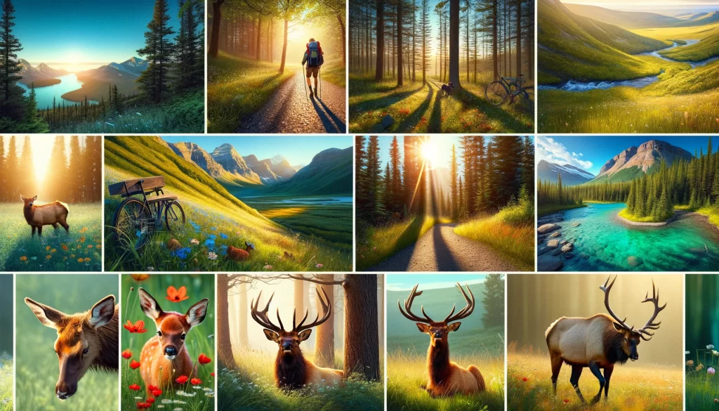 Mosaic of Elk Island Park hiking trails with elk, fawns, and blooming meadows.