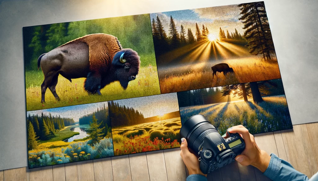 Elk Island Park camping with bison grazing and forest bathed in golden light.