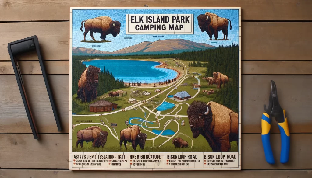 Elk Island Park map highlighting Astotin Lake and Bison Loop Road attractions.