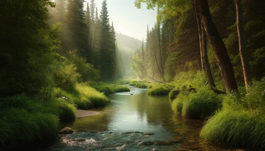 Trout fishing in Alberta at this beautiful creek, surrounded by lush, verdant foliage.