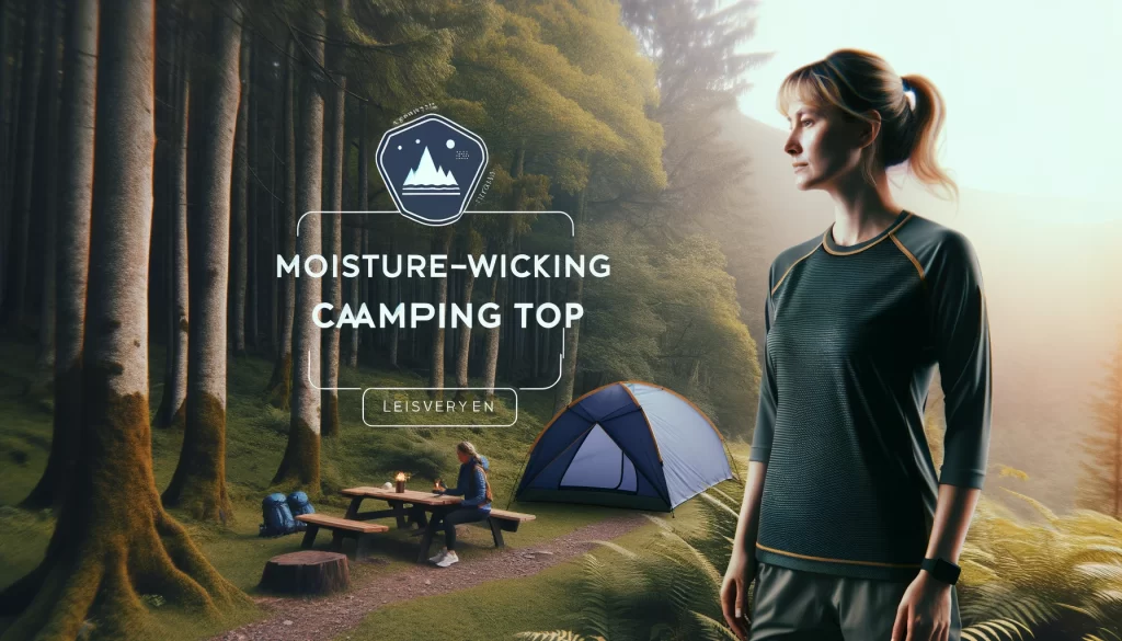 Lady camper wearing a moisture-wicking top in a serene forest, highlighting active outdoor wear for women.