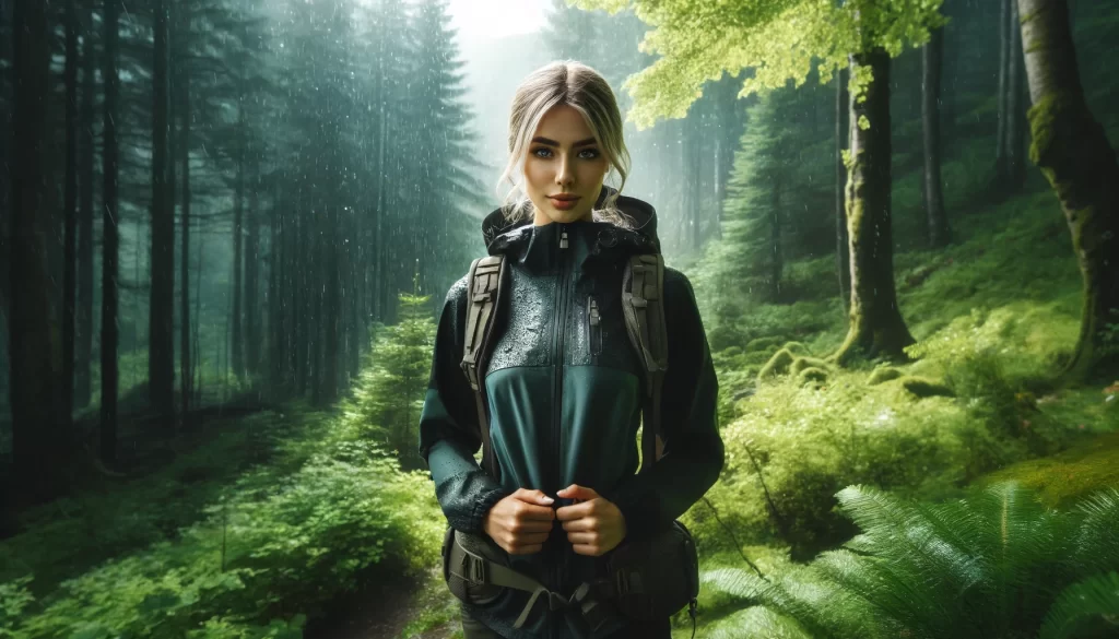 Camp Fits Woman in a rain jacket, trekking through a lush, rainy forest landscape.