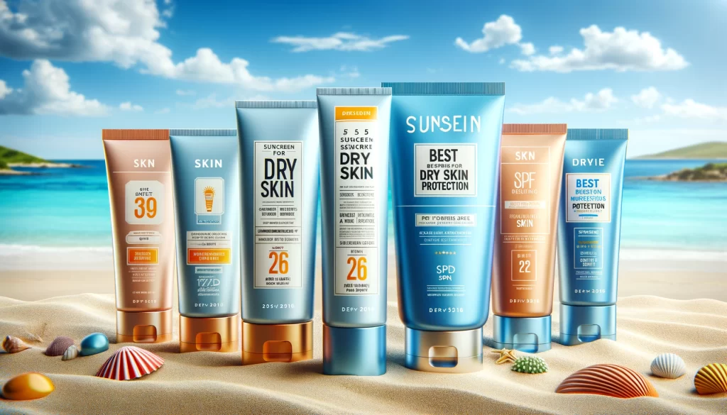 Five best sunscreen for dry skin displayed on a beach with clear skies and ocean.