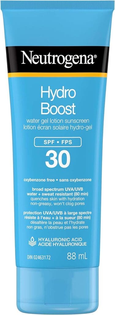 Neutrogena Hydro Boost Gel Moisturizing Sunscreen SPF 30 bottle with blue and white packaging.