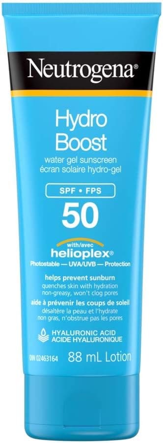 Neutrogena Hydro Boost Water Gel Lotion SPF 50 provides hydration and sun protection for skin.