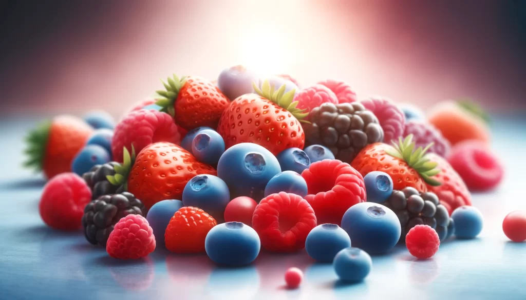 7 Antioxidant Foods For Glowing Skin: Close-up of blueberries, strawberries, and raspberries bursting with antioxidants.