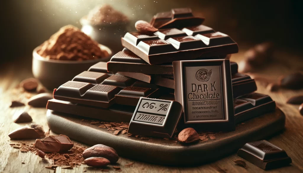 7 Antioxidant Foods For Glowing Skin: Dark chocolate pieces with 70% cacao, rich in antioxidants.