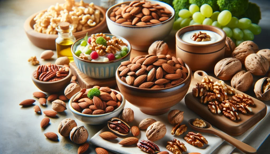 7 Antioxidant Foods For Glowing Skin: Mixed nuts, including almonds, walnuts, and pecans, displayed invitingly.