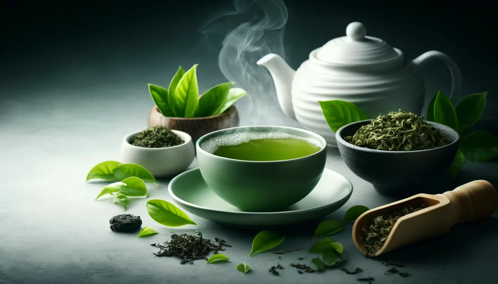 A cup of green tea with steam, surrounded by fresh tea leaves and a teapot.