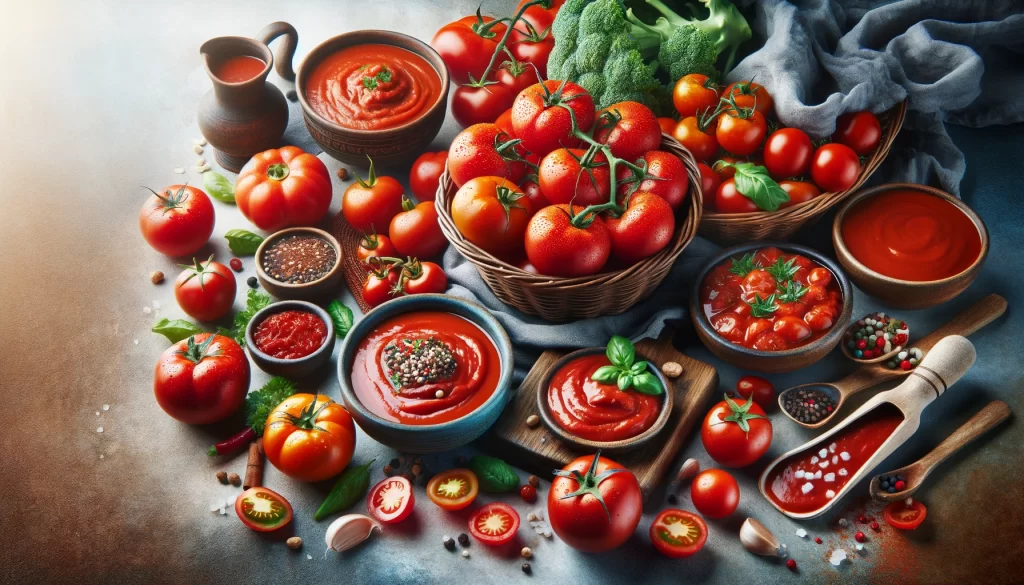 Fresh tomatoes and tomato-based dishes like sauces, soups, and stews, rich in lycopene for skin health.