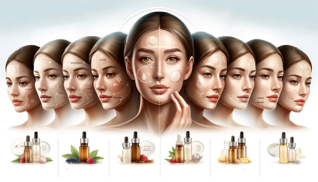 Diverse skin types and antioxidant serums visual guide on how to choose a serum.