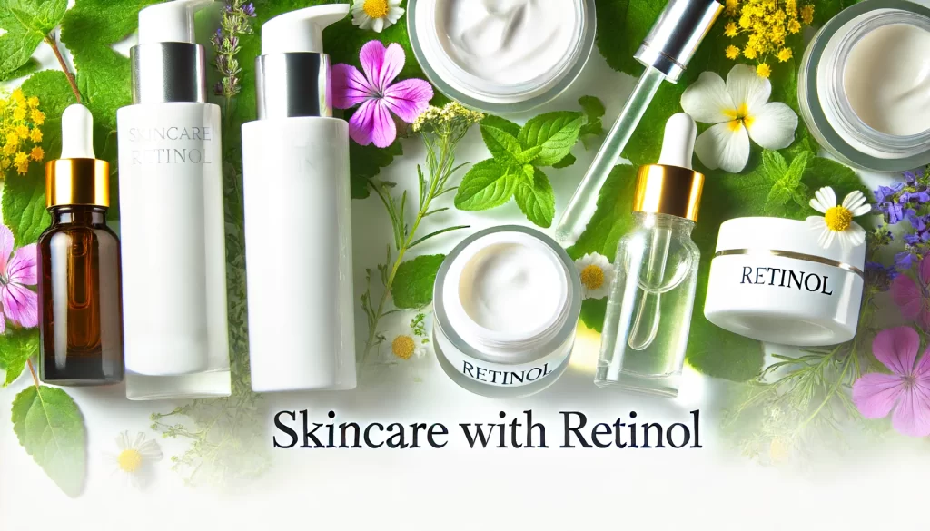 Skincare products including serums and creams with natural elements, representing the guide to retinol.