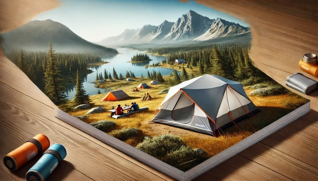 Marmot Tungsten tent set up in a scenic outdoor setting with mountains, forest, and lake.