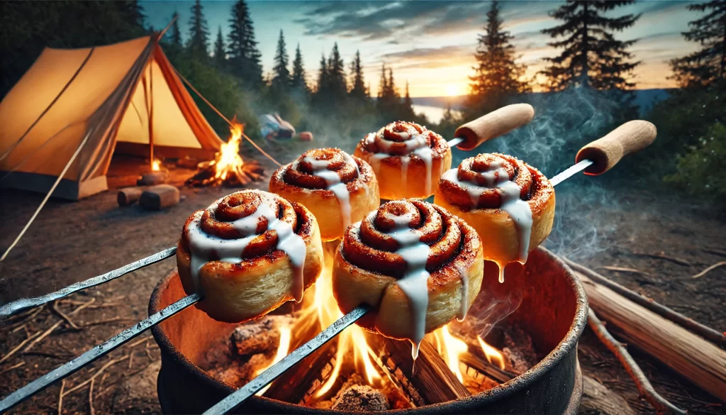 Close-up of golden brown Campfire Cinnamon Rolls on skewers, drizzled with icing, over a campfire.