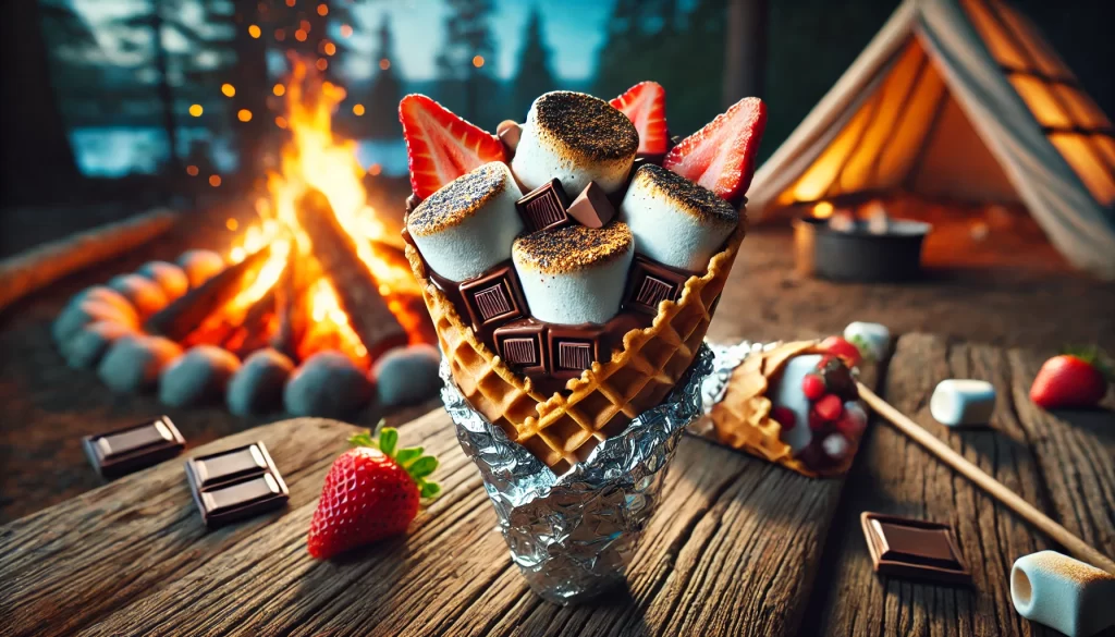 Close-up of cooked Camping Desserts: Campfire S’mores Cones filled with melted marshmallows and chocolate.