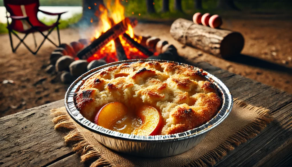 Close-up of cooked Camping Desserts: Campfire Peach Cobbler with a golden, slightly crispy top.