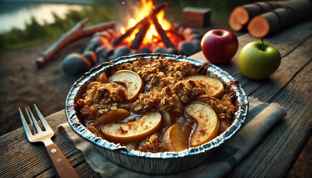 Close-up of cooked Campfire Apple Crisp with tender apples, brown sugar, cinnamon, and crispy oatmeal topping.