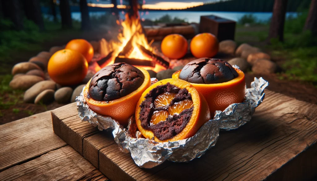 Close-up of cooked Campfire Chocolate Orange Cakes, oranges filled entirely with rich, moist chocolate cake.