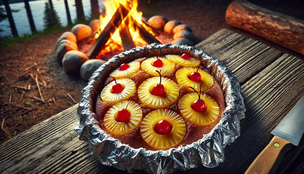 Close-up of cooked Campfire Pineapple Upside-Down Cake with caramelized pineapple rings and cherries.