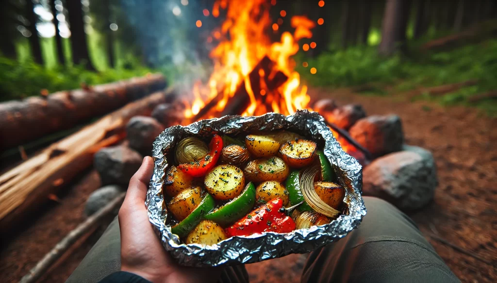 Easy camping food: Cooked foil pack vegetables over a campfire with a rustic outdoor setting.