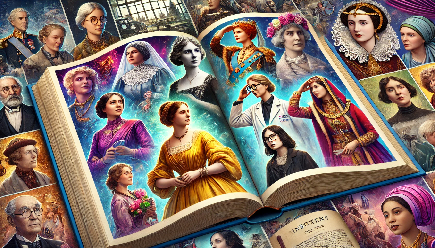 A dynamic illustration of influential women in history from the book "Extraordinary Women In History."