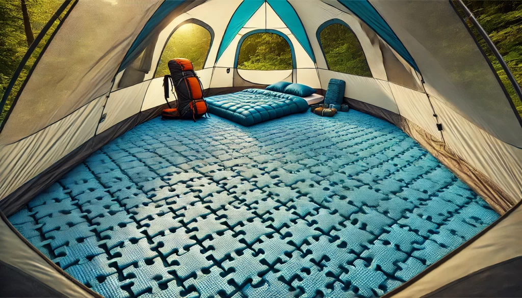 nside a Coleman Sundome Tent with blue non-skid EVA foam interlocking tiles on the floor.