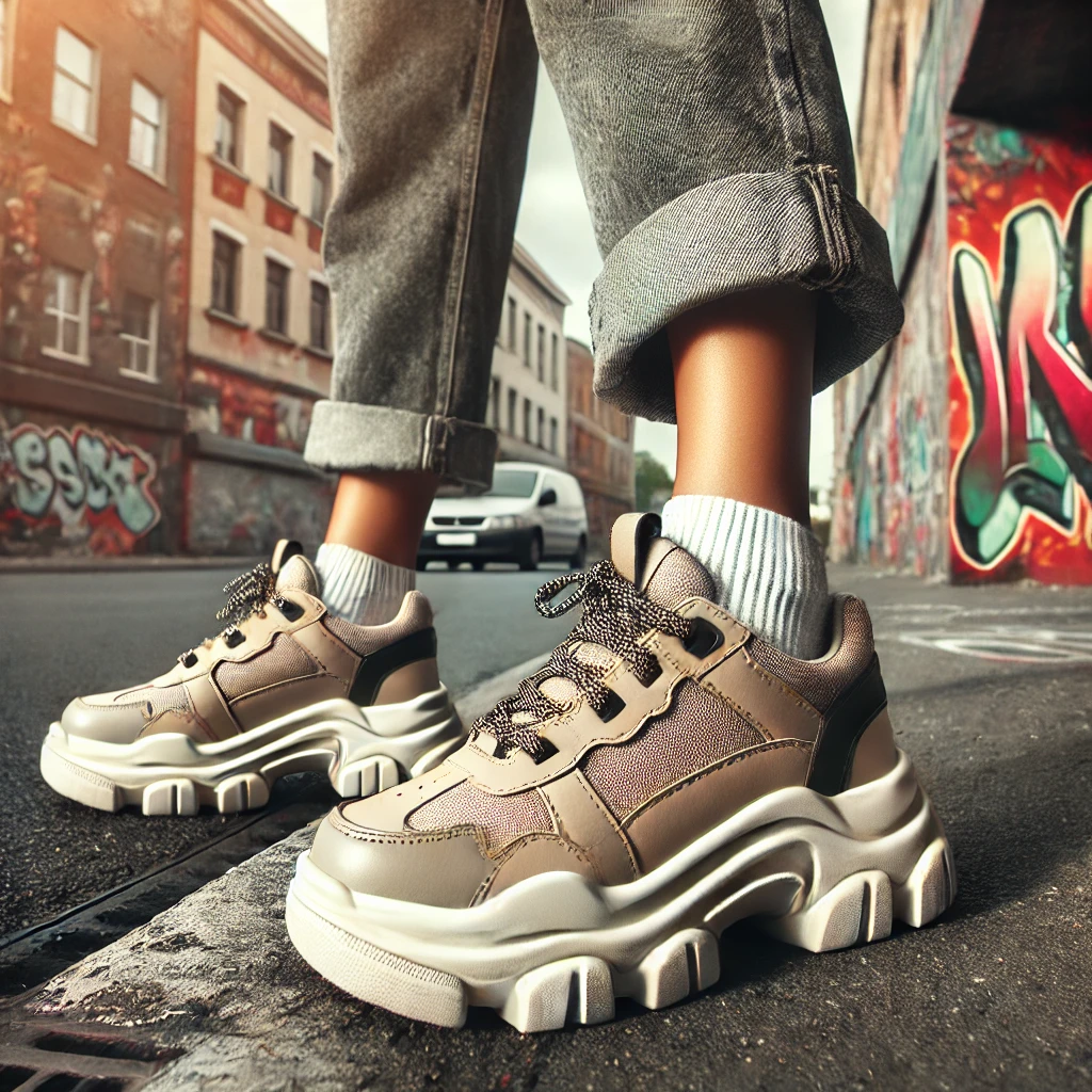 Chunky platform sneakers in urban street setting, ideal for Millennial and Gen Z fashion.